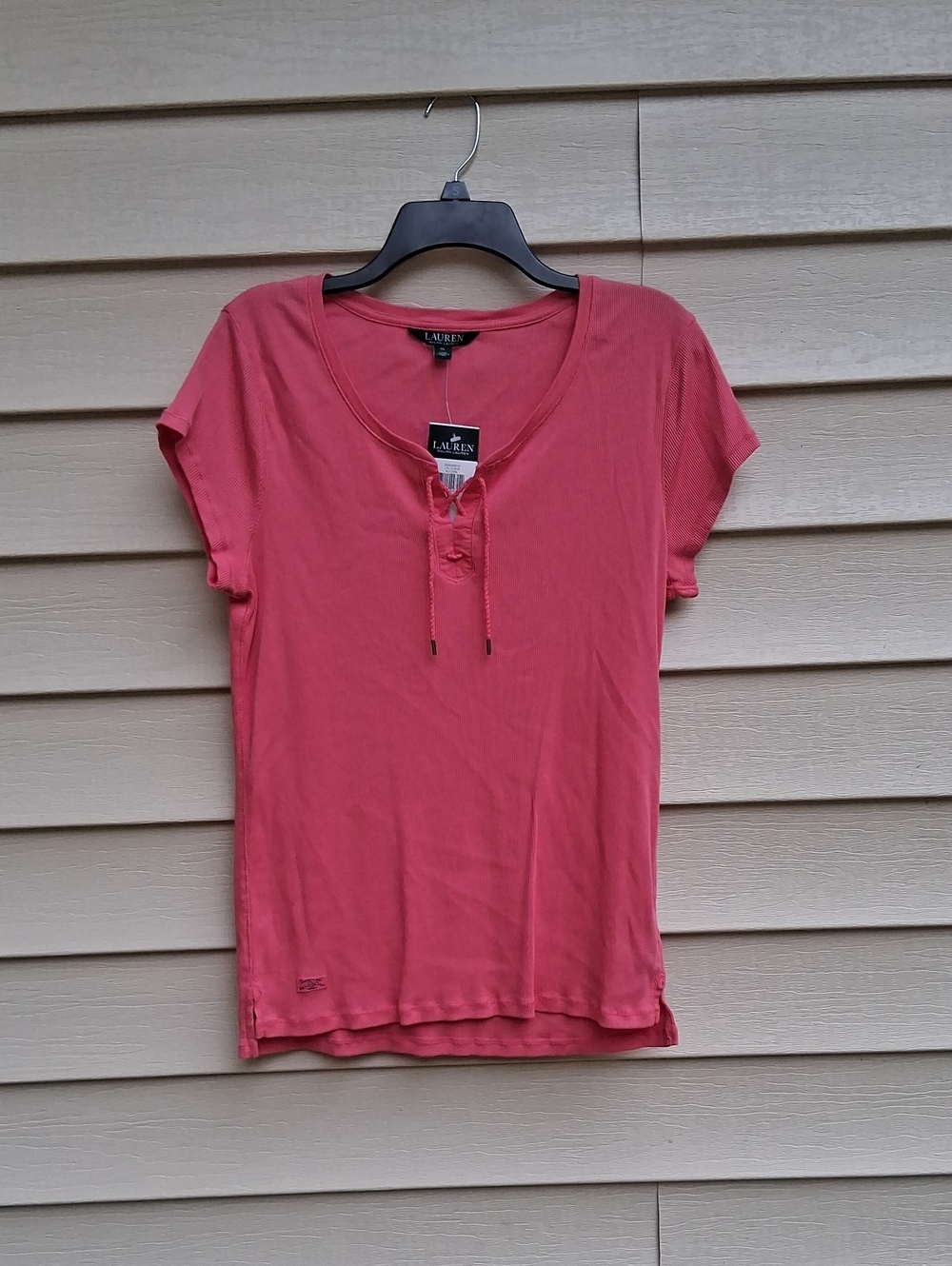 Lauren Ralph Lauren Coral Lace-Up Scoop Neck Short Sleeve Top
